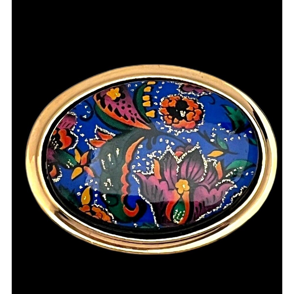 Vintage 1970s Scarf Clip Gold Tone Multicolor Floral Glitter Design - 13C